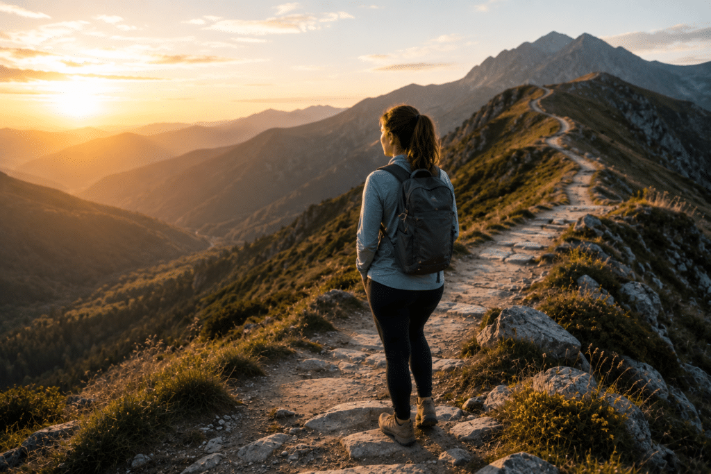 Hiker pausing on a mountain path overlooking a valley at sunrise, representing mental health recovery, therapy progress, emotional resilience, and recognizing personal growth.