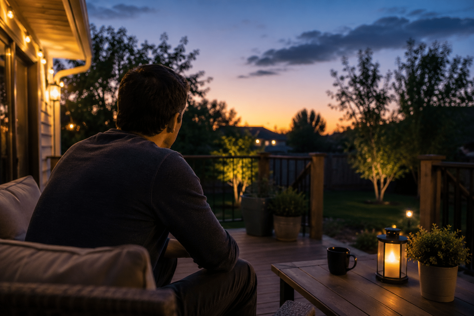 Adult sitting alone on a backyard patio at dusk, reflecting during a quiet evening and symbolizing anxiety, depression, loneliness, therapy, and emotional wellness.