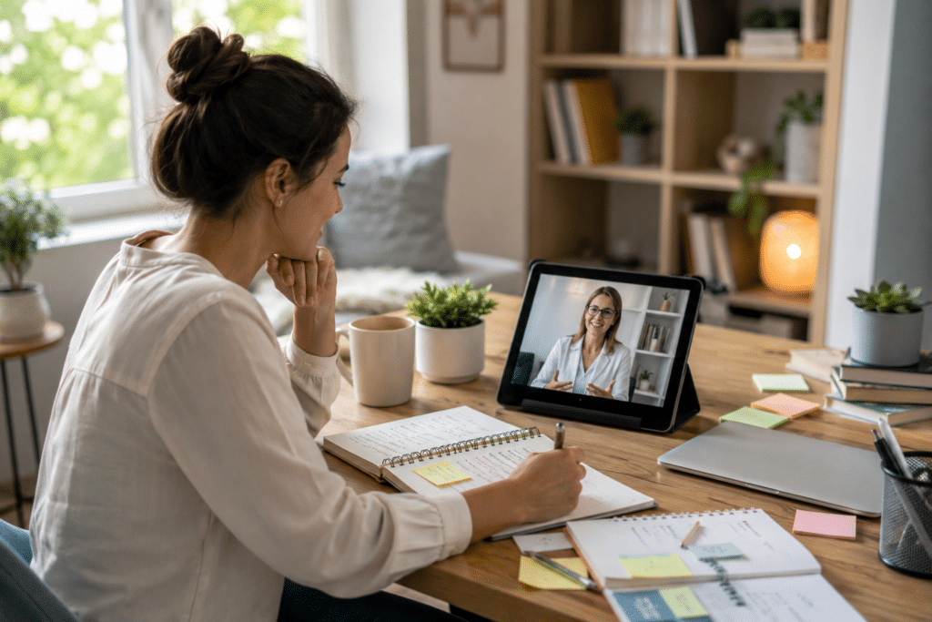 Woman participating in a telehealth mental health consultation while reviewing notes and discussing adult ADHD testing with a healthcare provider.