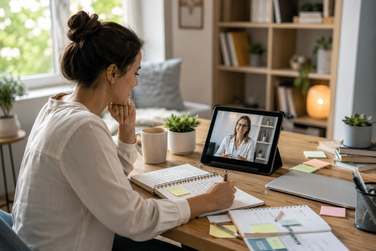 Woman participating in a telehealth mental health consultation while reviewing notes and discussing adult ADHD testing with a healthcare provider.