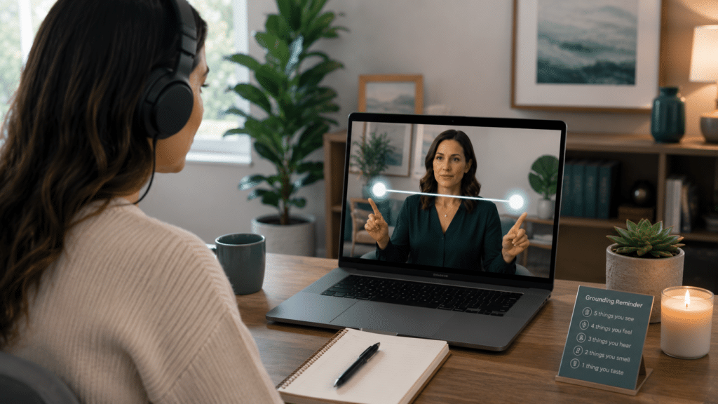 Woman participating in an online EMDR therapy session with a licensed therapist through secure telehealth.