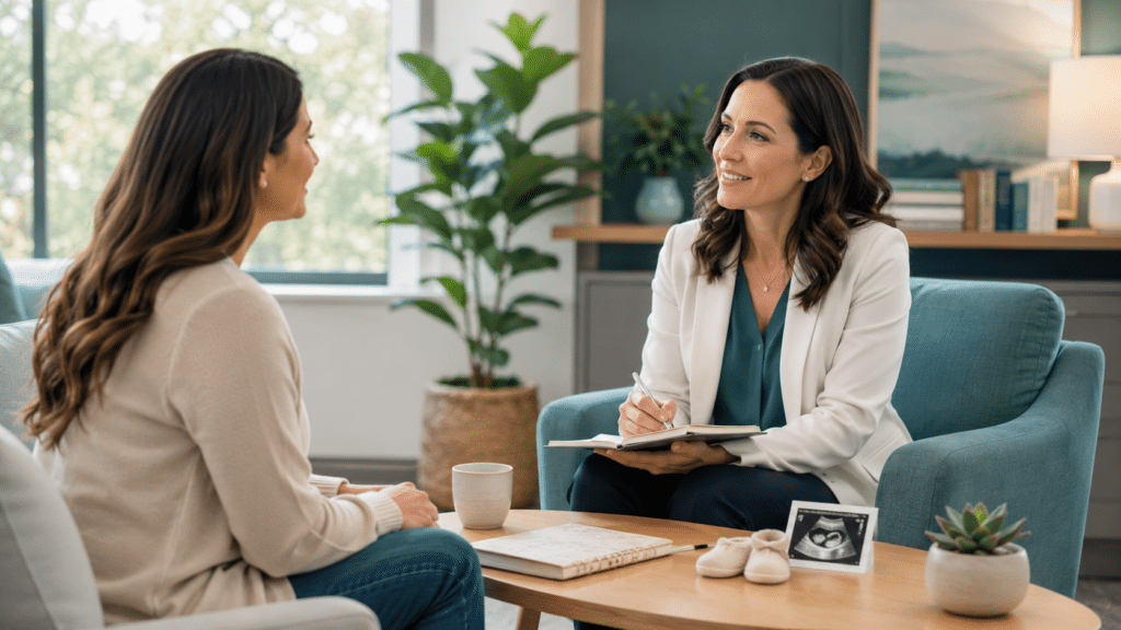 Psychiatrist meeting with a woman during a reproductive mental health consultation at Zeam Health & Wellness.