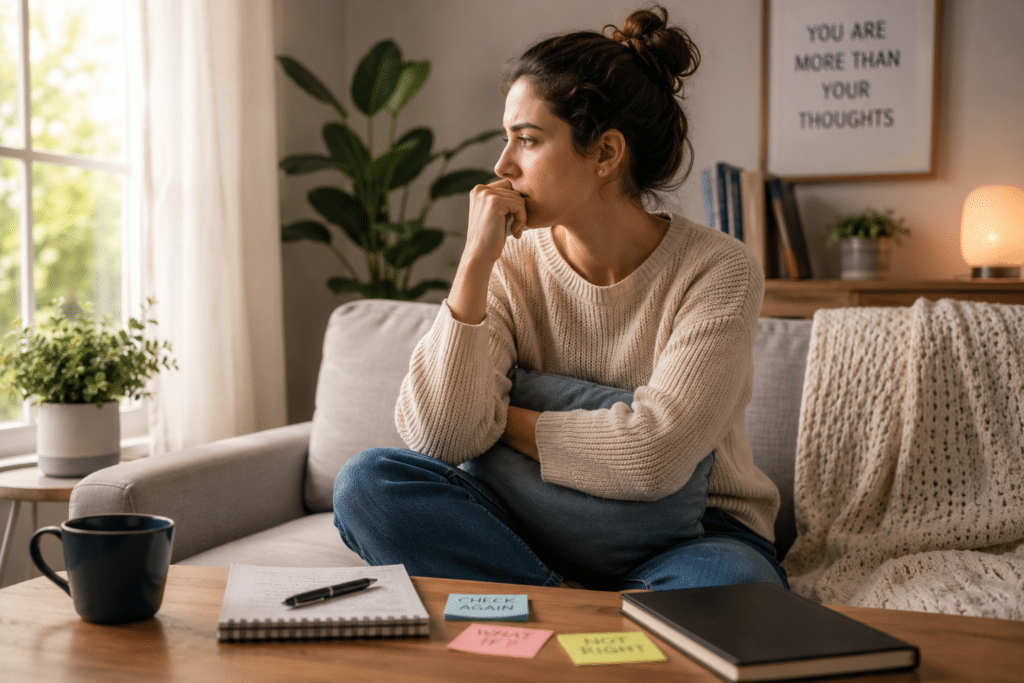 Woman sitting thoughtfully at home reflecting on intrusive thoughts before seeking professional OCD evaluation and treatment.