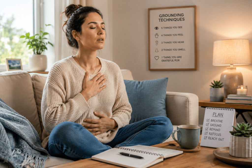 Woman practicing slow breathing and grounding techniques at home to help manage anxiety attack symptoms.