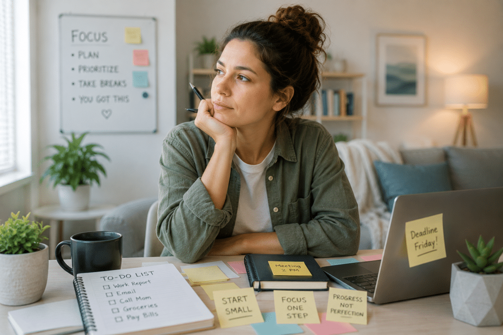 Woman organizing tasks and managing adult ADHD symptoms in a calm home workspace