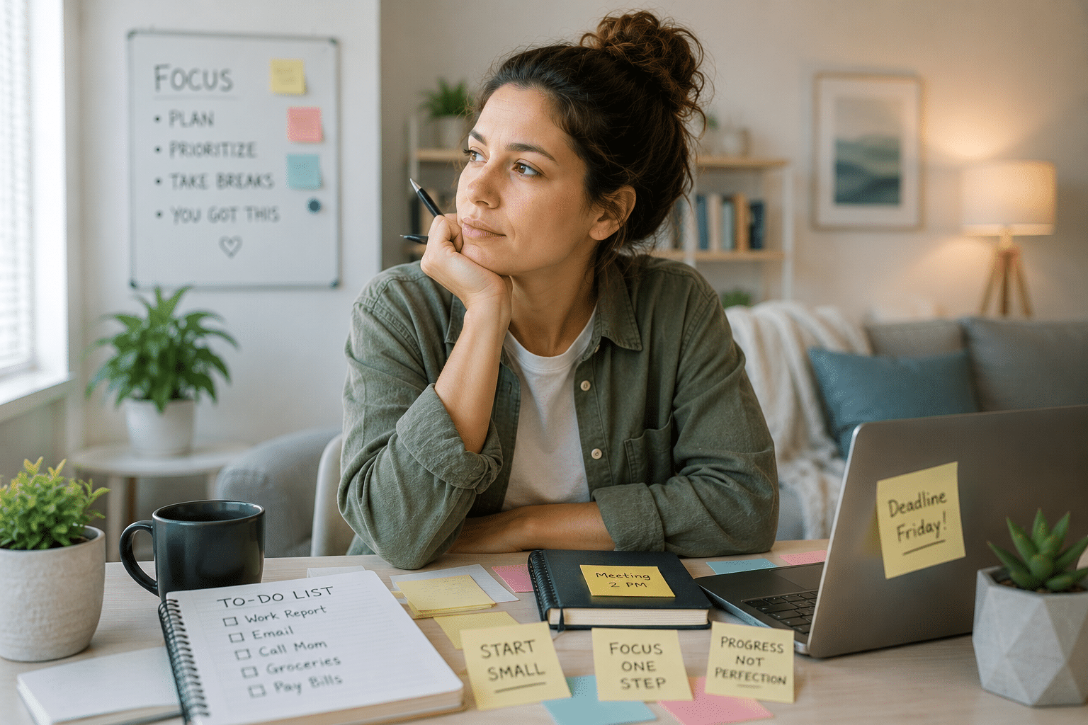 Woman organizing tasks and managing adult ADHD symptoms in a calm home workspace