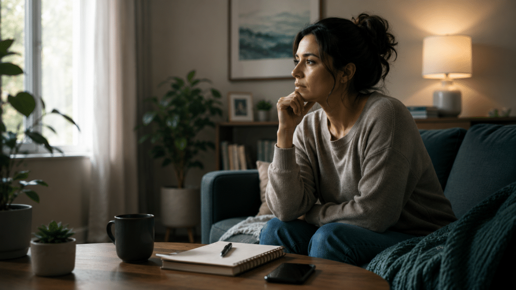 Woman sitting thoughtfully at home, reflecting on subtle symptoms of depression and emotional well-being.