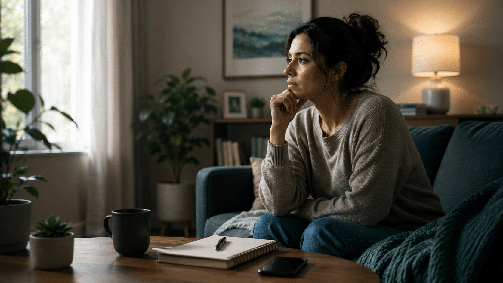 Woman sitting thoughtfully at home, reflecting on subtle symptoms of depression and emotional well-being.