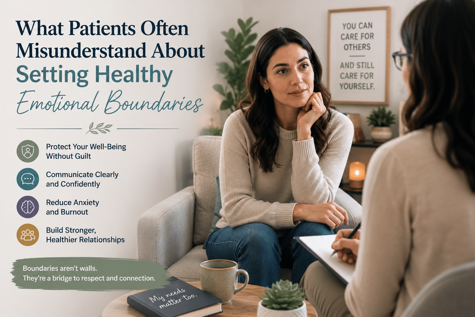 Therapist helping a patient develop healthy emotional boundaries, improve communication, and reduce anxiety during a counseling session.