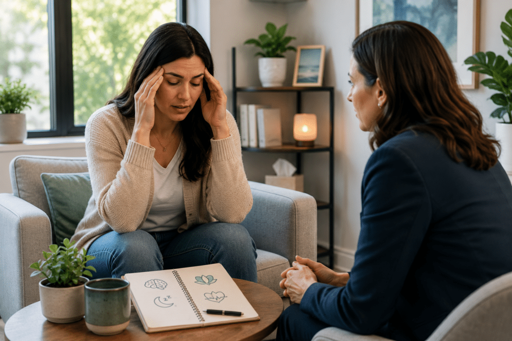 Mental health counseling session focused on the connection between chronic stress and physical health symptoms.