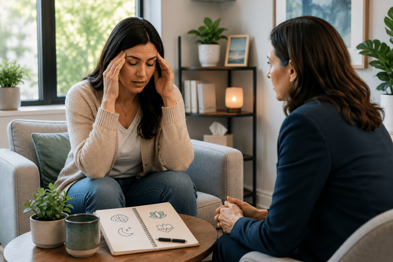 Mental health counseling session focused on the connection between chronic stress and physical health symptoms.