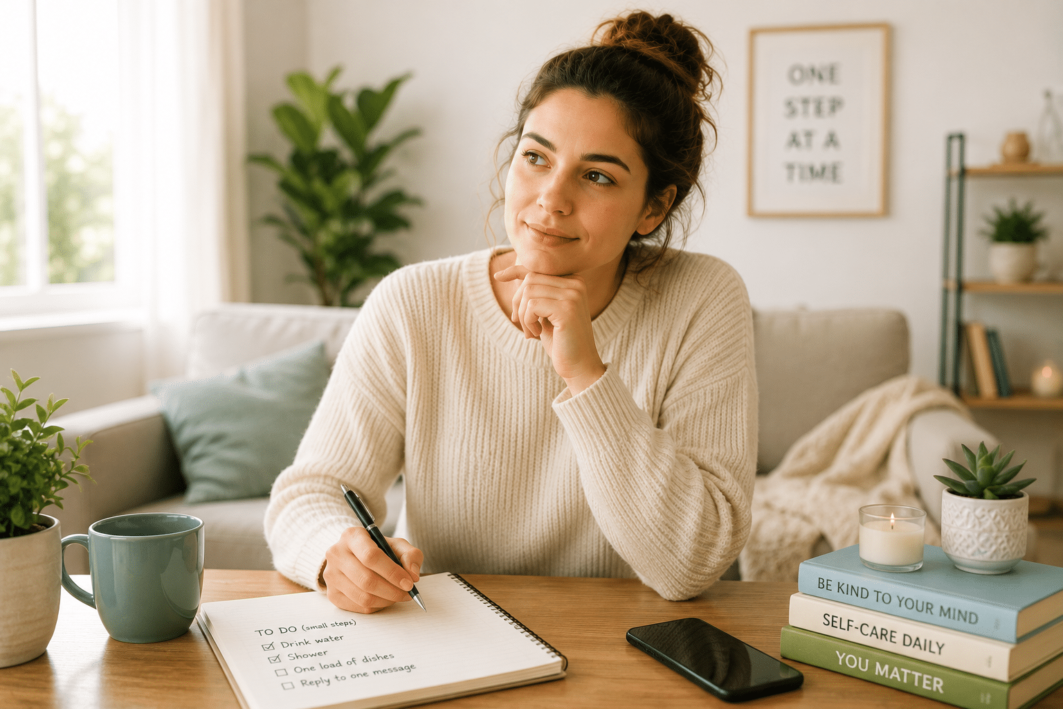 Woman taking small steps to manage depression and rebuild healthy daily routines