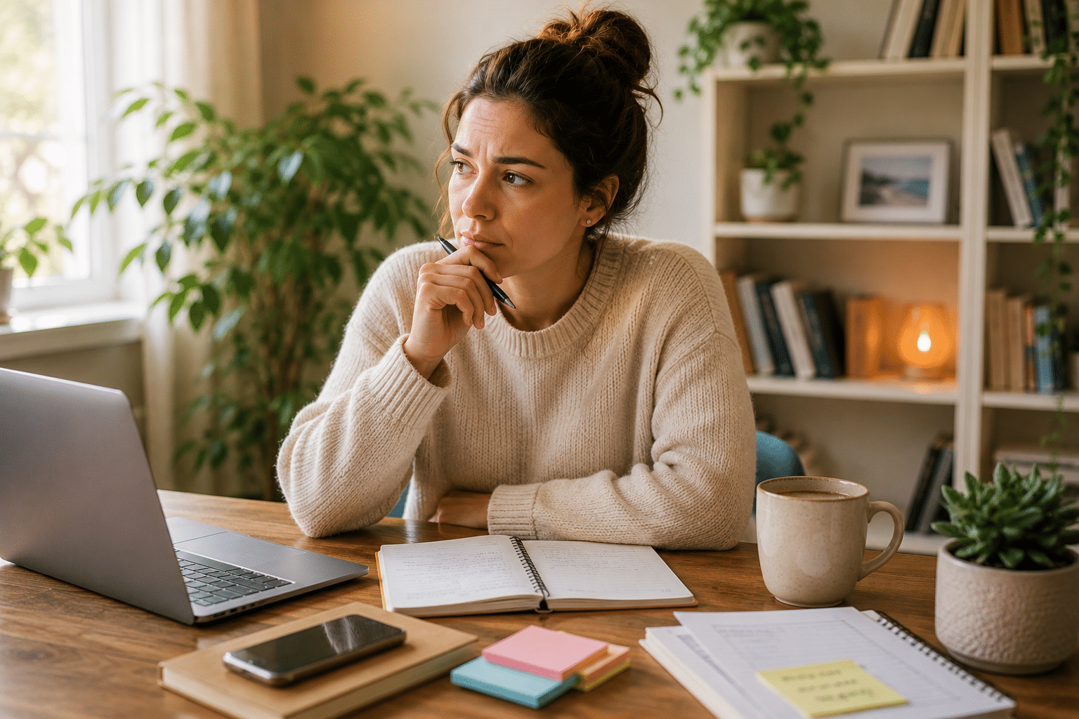 Woman thoughtfully reflecting at her desk, illustrating how anxiety symptoms can make everyday decision-making feel overwhelming.