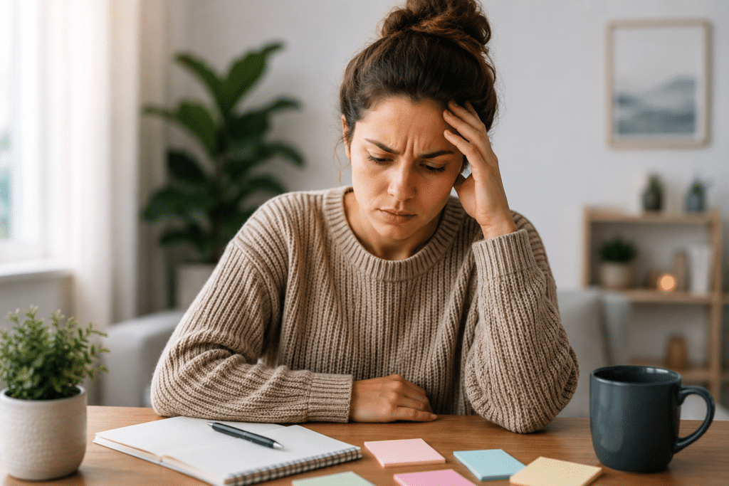 Woman experiencing severe anxiety symptoms while struggling with everyday decision-making at home.