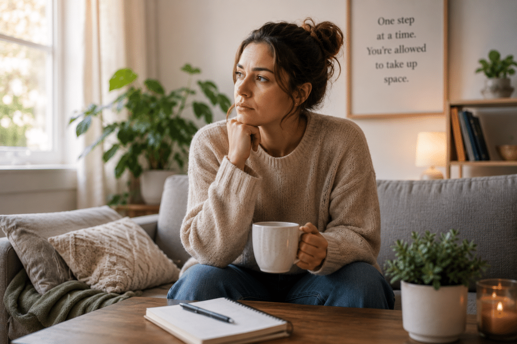 Woman quietly reflecting at home, representing healthy emotional processing and coping with disappointment through therapy.