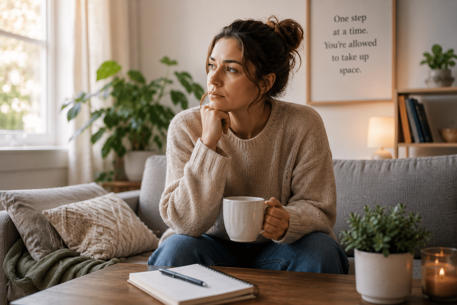 Woman quietly reflecting at home, representing healthy emotional processing and coping with disappointment through therapy.