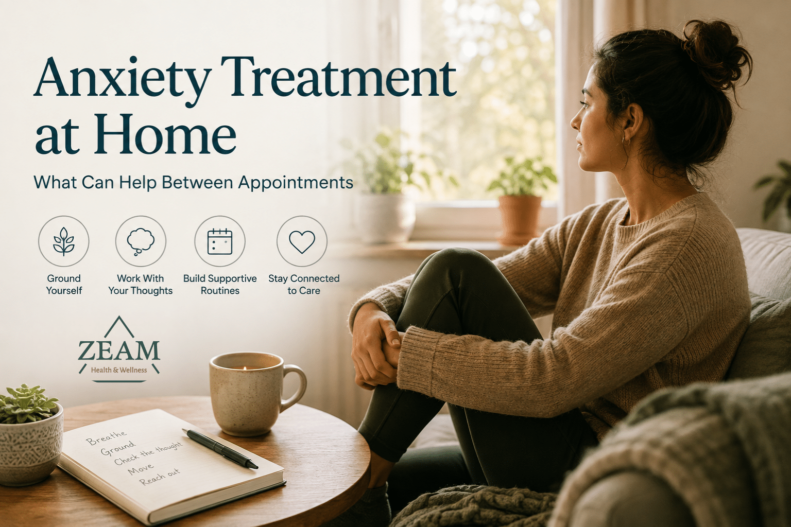 A woman stares out her window after a successful anxiety treatment at home session.