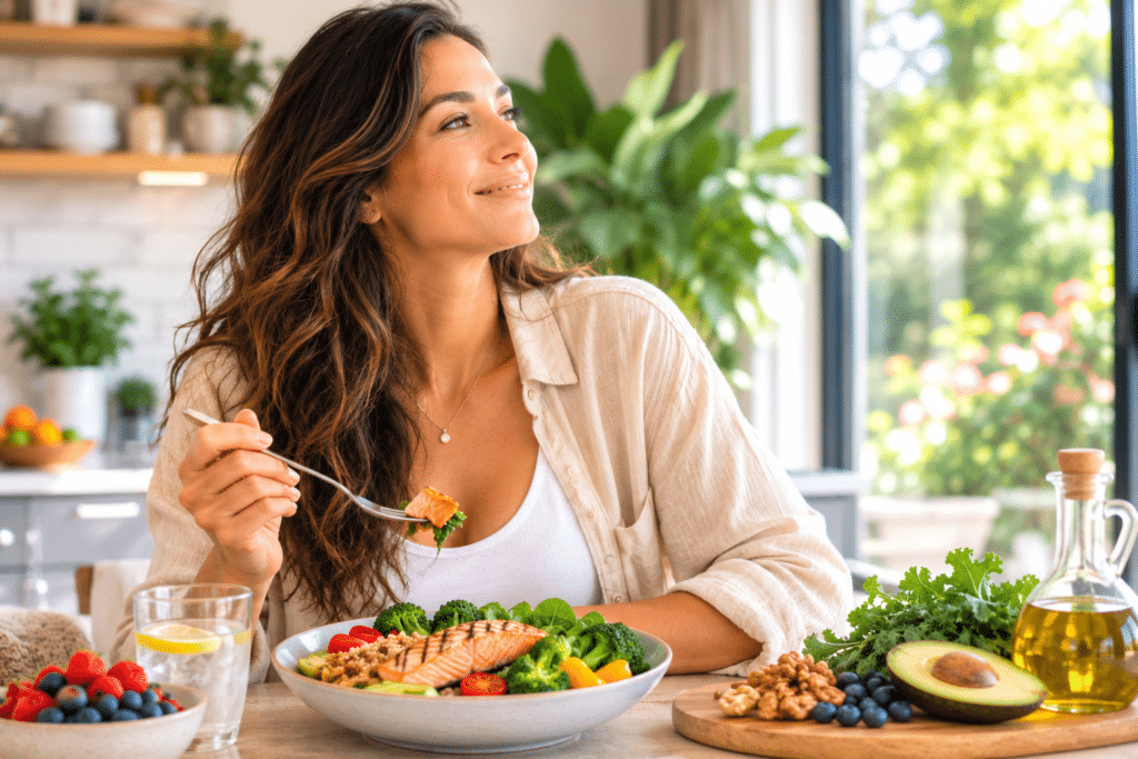 Woman enjoying a nutrient-rich meal with salmon, vegetables, berries and nuts, representing nutrition and positive mental health.