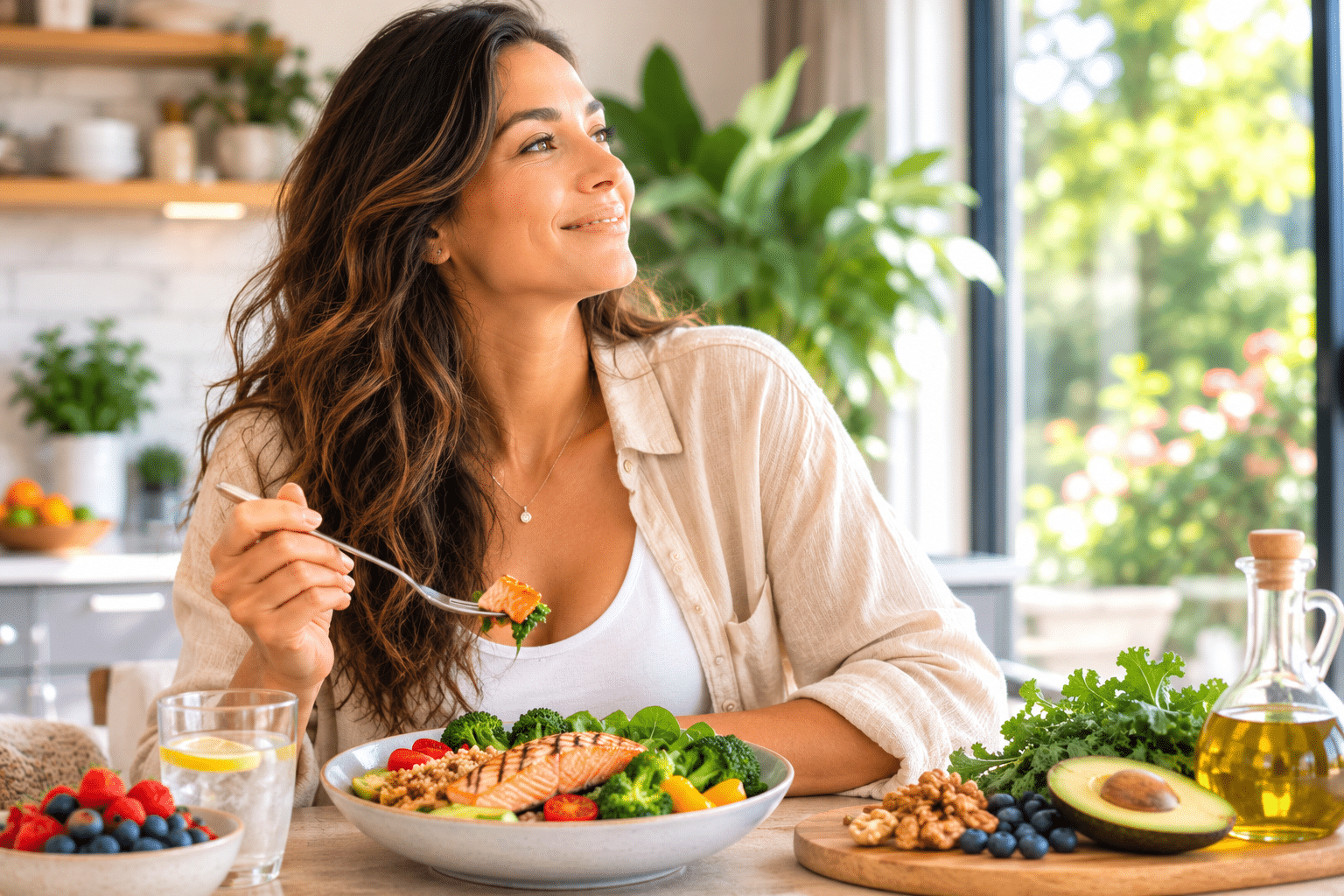 Woman enjoying a nutrient-rich meal with salmon, vegetables, berries and nuts, representing nutrition and positive mental health.