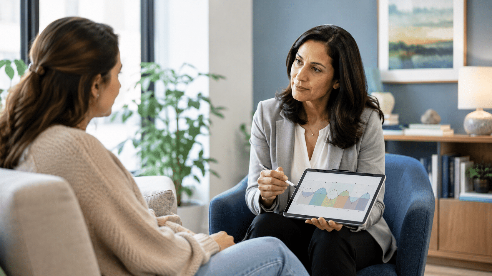 Psychiatrist reviewing a patient's mental health history during an evaluation for bipolar depression.