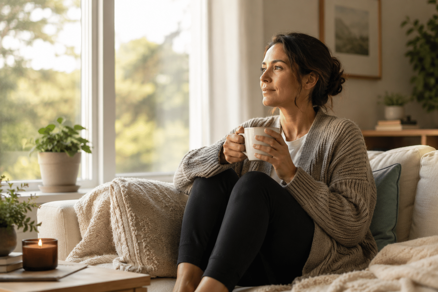 lady sitting comfortably on the couch happy that she is tackling her ptsd symptoms