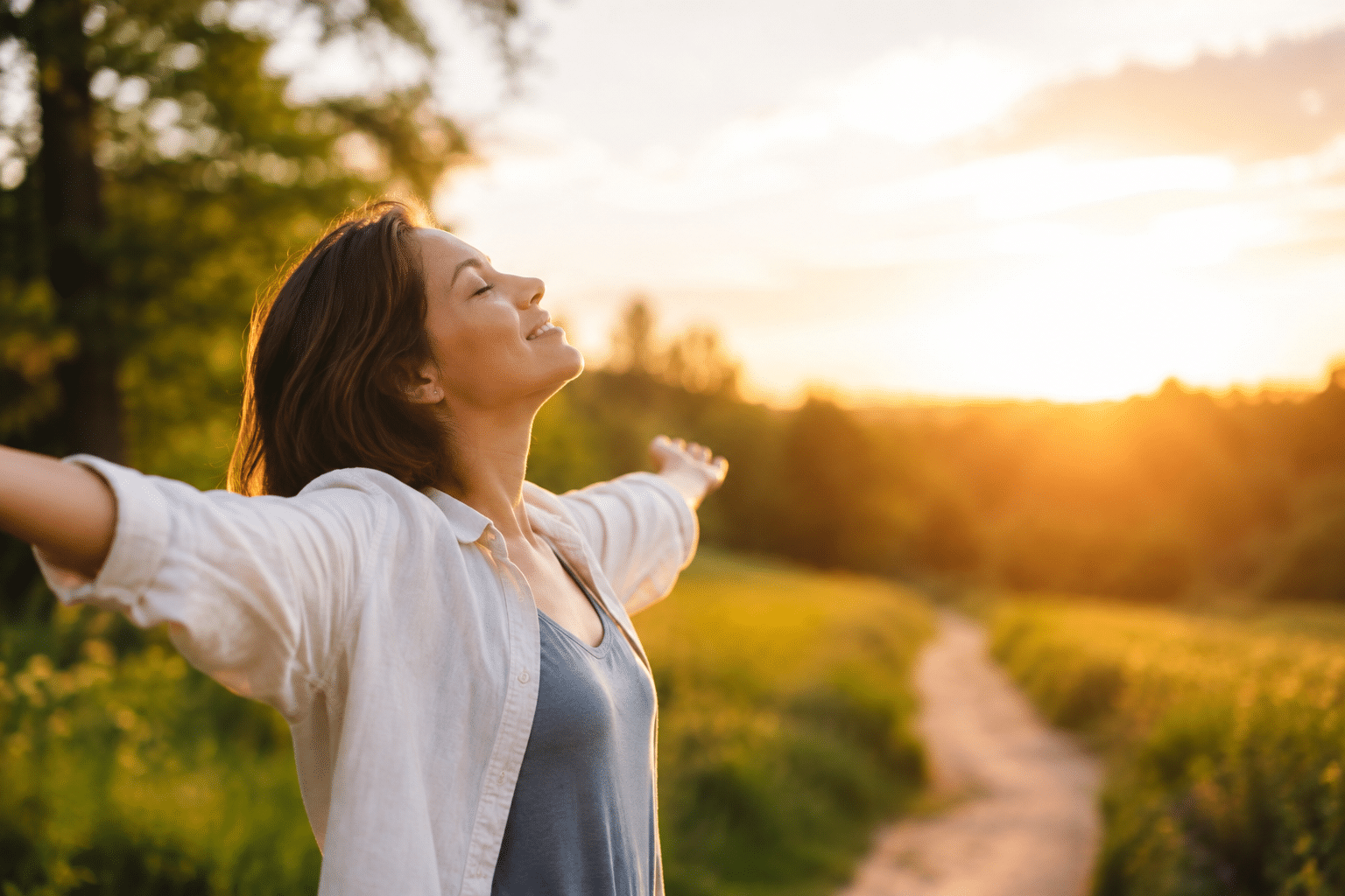 Woman smiling peacefully outdoors at sunset, representing emotional balance, well-being and positive outcomes from bipolar disorder treatment.