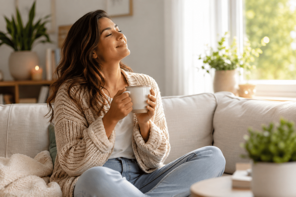 Woman relaxing peacefully at home with a warm drink, representing emotional wellness, self-care and positive mental health.