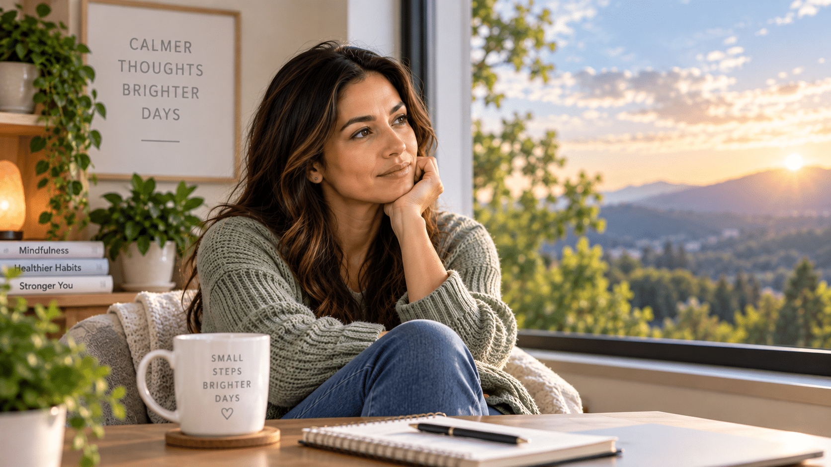 Young woman looking out her window happy after conquering her anxious thoughts